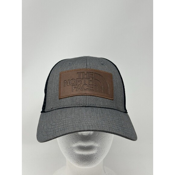 The North Face Mudder SnapBack Hat Gray Brown Leather Patch Mesh Trucker OSFA - Picture 1 of 9